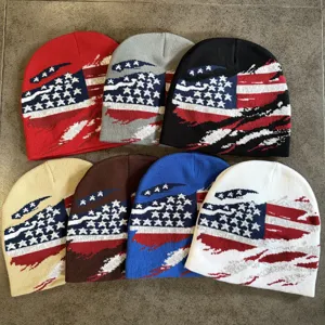 American Flag Knitted Beanie Hat Distressed US Star Stripe Pattern Warm Hip Hop Winter Hat Streetwear Skully Beanie Cap