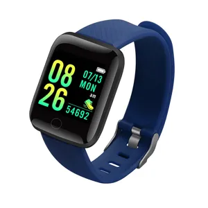 Reloj inteligente de seguimiento de actividad azul con correa de silicona y pantalla principal.