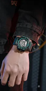 Close-up detail shot of a black youth digital sports watch worn on wrist with luminous display.