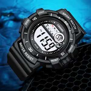 Men's digital sports watch with waterproof design, luminous display and durable black resin band.