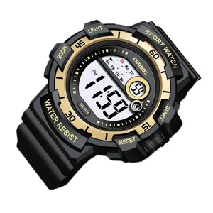 Black gold digital sports watch for teens, waterproof electronic wrist watch with light.