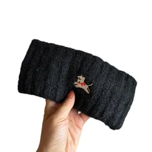 Black wool blend knitted headband with cute puppy embroidery warm winter hair band for women