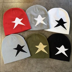 Street Fashion Acrylic Star Jacquard Beanie Knit Hat Warm Winter Windproof Color Block Brimless Slouchy Skull Cap For Men Women Everyday Outdoor Wear