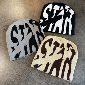 Autumn winter stylish knitted beanie hat streetwear hip hop warm pullover cap detail view