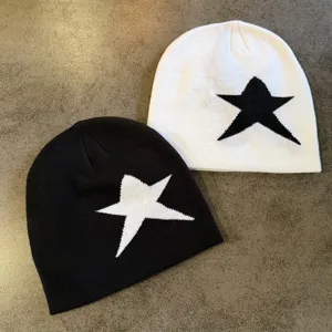 Knit star beanie hat winter warm stylish street wear black white casual fashion wool hat