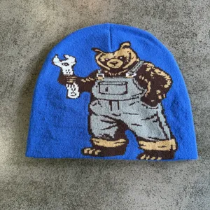 Berretto in maglia blu inverno caldo cappellino con simpatico orso pixel grafico streetwear comodo