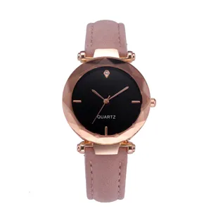 Fashion Women Rhombic Bezel Quartz Watch With Frosted Leather Strap Rhinestone Dial Multi-faceted Mirror Minimalist Analog Watch For School Everyday