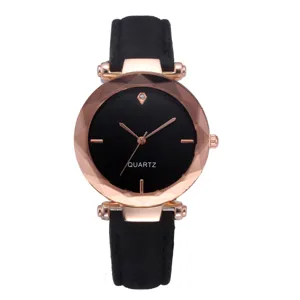 Women quartz watch with black dial rose gold faceted bezel and matte leather strap