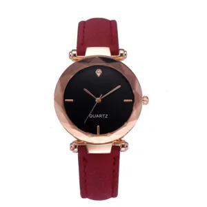 Women quartz watch with red leather strap, rose gold diamond-cut bezel and black dial.