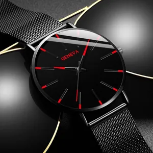 Modische minimalistische Quarzuhr für Paare mit schwarzem Mesh Armband und roten Indizes.