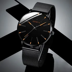 Minimalistische schwarze Quarzuhr für Damen und Herren mit Mesh-Armband und orangen Indizes.