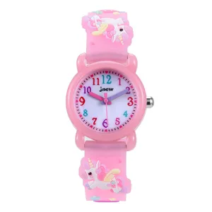 Kinder Cartoon Quarzarmbanduhr mit 3D rosa Einhorn Silikonarmband und buntem Zifferblatt.