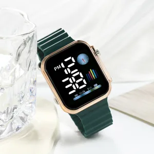 Fashion square LED digital watch with green silicone strap for students and daily casual wear.