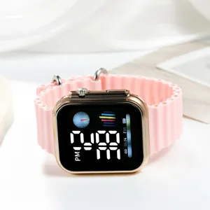 Pink square electronic watch with silicone strap, stylish LED digital display for students.