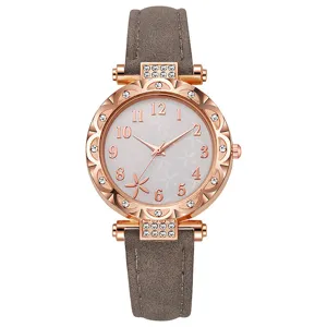Nahaufnahme der eleganten Damenuhr mit grauem Armband und rosévergoldeter Lünette.