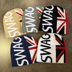 Trendy SWAG Letter Jacquard Gebreide Beanie Met Union Jack Vlag Voor Mannen Vrouwen Outdoor Warme Winter Acryl Knit Muts