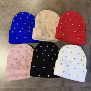 Women Rhinestone Beanie Hat Double Layer Warm Acrylic Knit Sparkly Crystal Cold Hat Outdoor Streetwear Fashion Winter Skull Cap