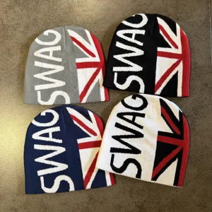 Modieuze gebreide muts met letterprint en Brits vlagontwerp, warme wintermuts voor outdoor