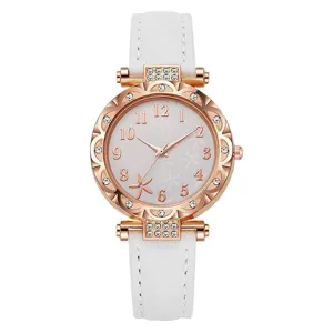 Damen Quarz Uhr weisses Lederarmband Rosegold Kristall Blumen Lünette elegante Modetrends
