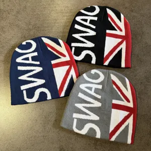 Trendy gebreide muts met Union Jack vlag en letters ontwerp, warme winter outdoor muts.
