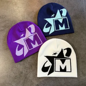 Gorro de punto elegante para invierno, gorro streetwear cálido con jacquard de estrella y letra.