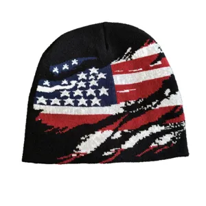 American flag knit beanie for men and women, stylish warm streetwear winter pullover cap.