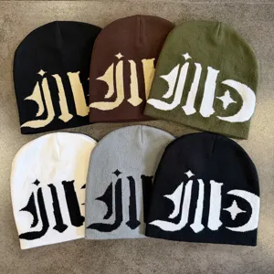 Gothic Letter Star Moon Pattern Knit Beanie Hat For Men Women Contrast Color Streetwear Hip Hop Warm Winter Skull Cap