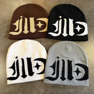 Autumn winter knit beanie hat streetwear gothic letter pattern colorblock warm skull cap