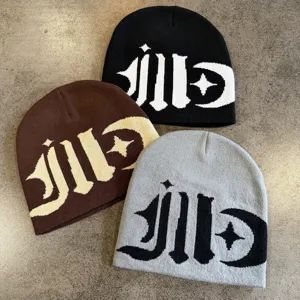 Winter knitted beanie hats with gothic style contrast patterns, warm streetwear caps