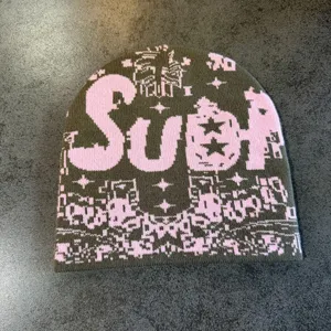 Herbst Winter Strickmütze Beanie, dunkelgrün rosa Jacquard Hip Hop Streetwear Cap.