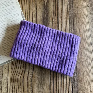 Purple wool blend knit headband detail view, wide winter warm hair band accessory