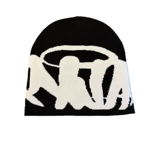 Black and white knit beanie for men and women, trendy streetwear winter warm cap with letters.