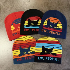 Bonnet en Tricot à Rayures Chat Rétro Américain Ew People Lettre Jacquard Bonnet Chaud Unisexe Couleur Contrastée Chapeau Pullover