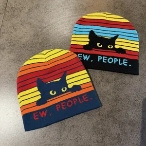 Bonnet en tricot chat rayé rétro unisexe hiver chaud décontracté chapeau slouchy chic