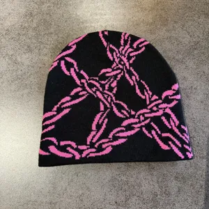 Y2K Streetstyle Rosa Kette Strick Beanie Mütze, warme Pullover Wintermütze für Damen.