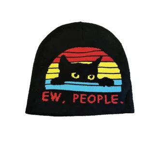 Bonnet en tricot graphique chat mignon, bonnet chaud automne hiver casual pour homme et femme.