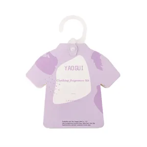 Lavender clothing fragrance sachet detail showing cute clothes shape and hanging plastic hook.