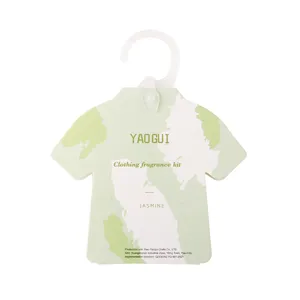 Wardrobe hanging fragrance sachet detail view, jasmine scent clothing air freshener packet.
