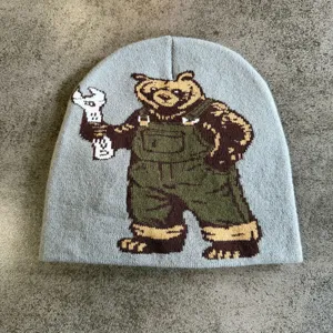 Berretto in maglia grigio con motivo orso jacquard, cappellino caldo autunno inverno hip hop.