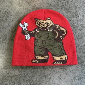 Berretto in maglia rossa con motivo jacquard orso meccanico, dettaglio cappello invernale