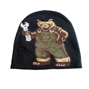 Berretto in maglia nero unisex invernale con simpatico motivo orso streetwear caldo