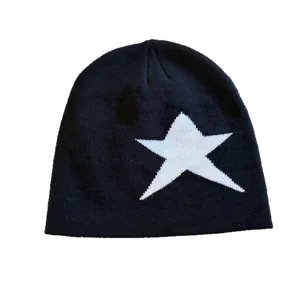Black winter knitted beanie hat with white star pattern streetwear warm pull-on cap