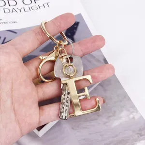 Stainless steel uppercase letter E keychain detail, premium metal ring bag pendant.