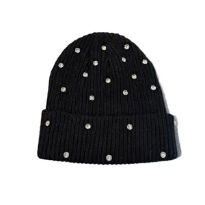 Womens black rhinestone knit beanie winter warm fashion casual rhinestone skull cap stylish hat