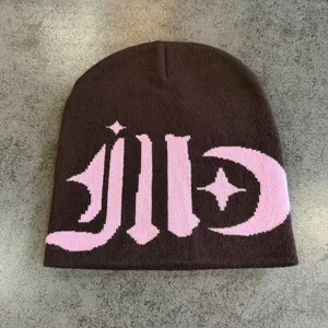 Fall winter brown knit beanie hat with pink contrast gothic streetwear warm cool skull cap