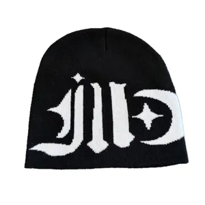 Black and white gothic knitted beanie hat, stylish streetwear winter warm skull cap for men.