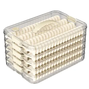 Clear plastic multi-layer dumpling storage container with lid for kitchen freezer use.