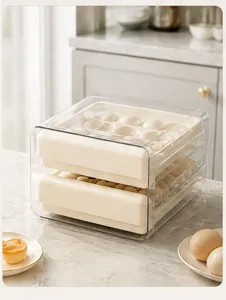 Clear double-layer drawer egg storage box detail, transparent plastic refrigerator organizer tray.