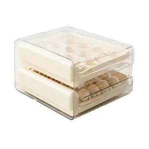 Double layer clear plastic egg storage box for refrigerator, stackable drawer organizer rack.