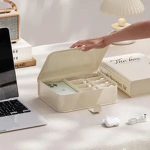 Boite de rangement de bijoux de bureau organiseur multi-compartiments beige pour cosmetiques